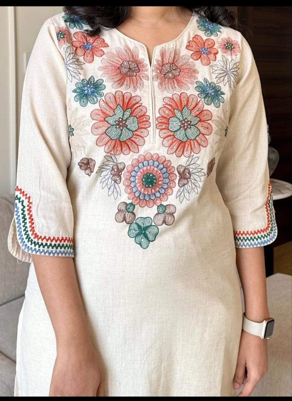 Off White Embroidery Cotton Flex Kurta And Pant Set For Women