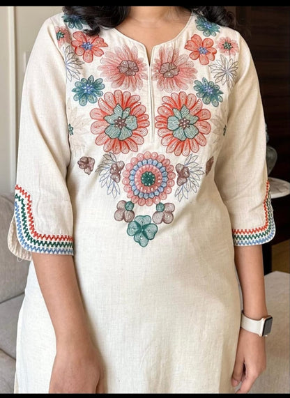 Off White Embroidery Cotton Flex Kurta And Pant Set For Women
