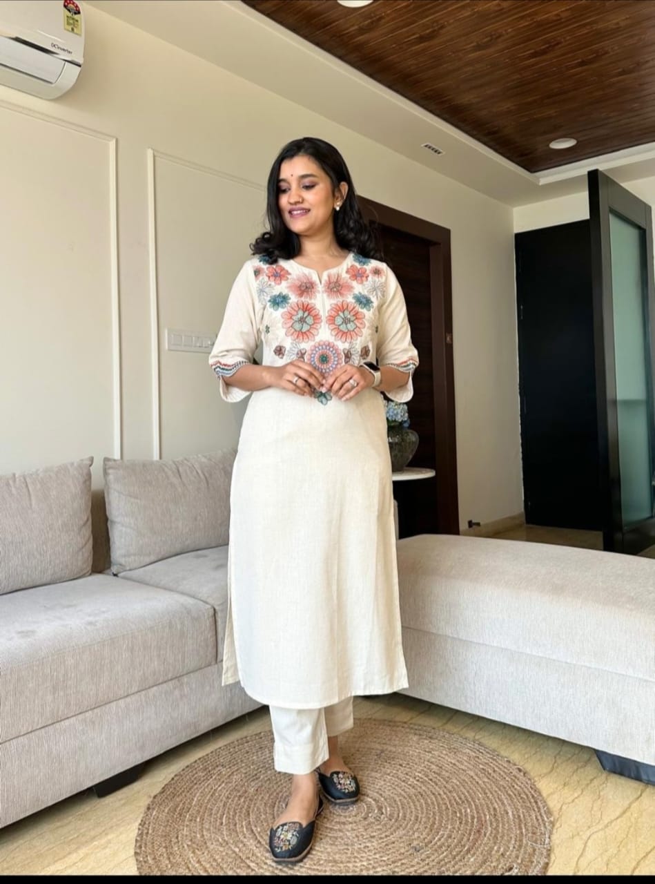Off White Embroidery Cotton Flex Kurta And Pant Set For Women