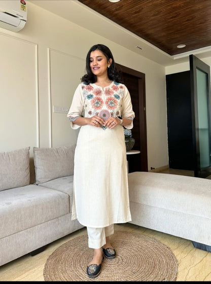 Off White Embroidery Cotton Flex Kurta And Pant Set For Women