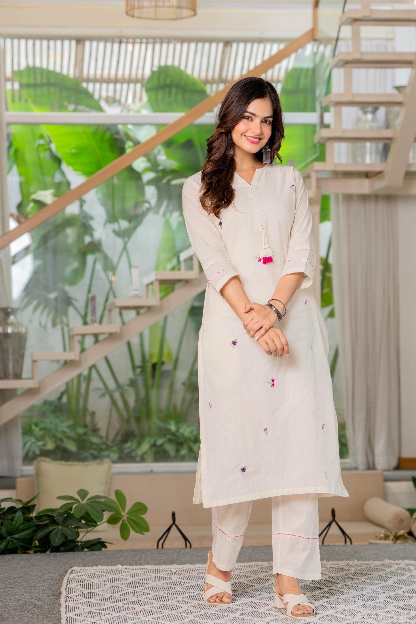 Off White Embroidered Cotton Kurta and Pant Set