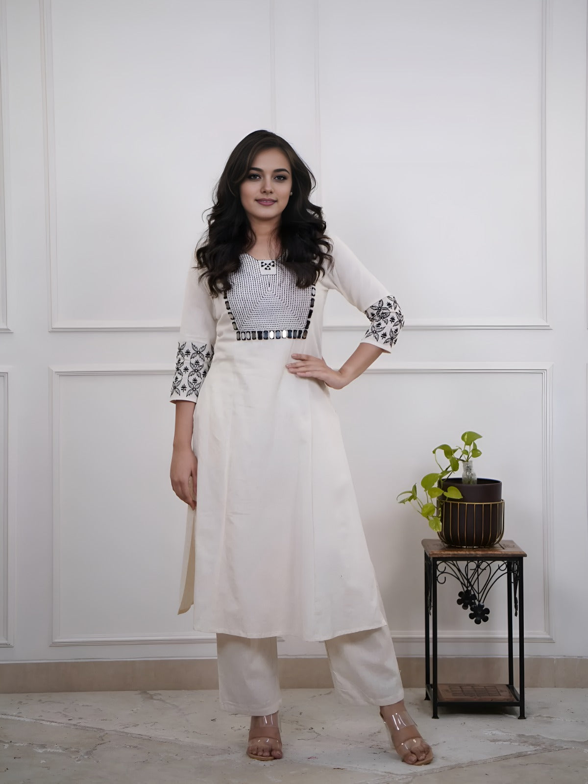 Off White Embroidery Cotton Kurta And Pant Set For Women