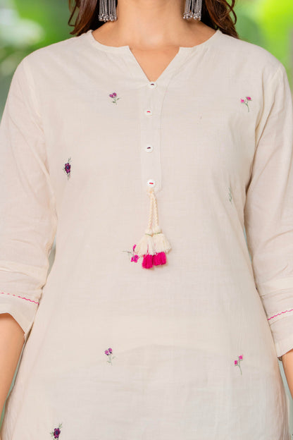Off White Embroidered Cotton Kurta and Pant Set