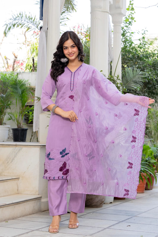 Lavender Embroidered Roman Silk Kurta Pant Dupatta Set