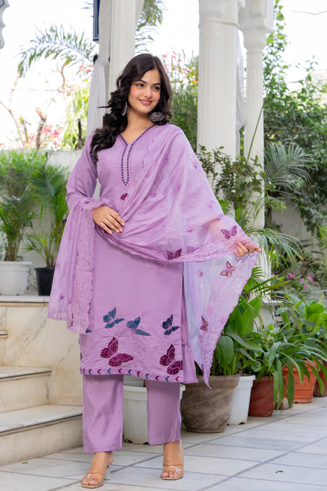 Lavender Embroidered Roman Silk Kurta Pant Dupatta Set