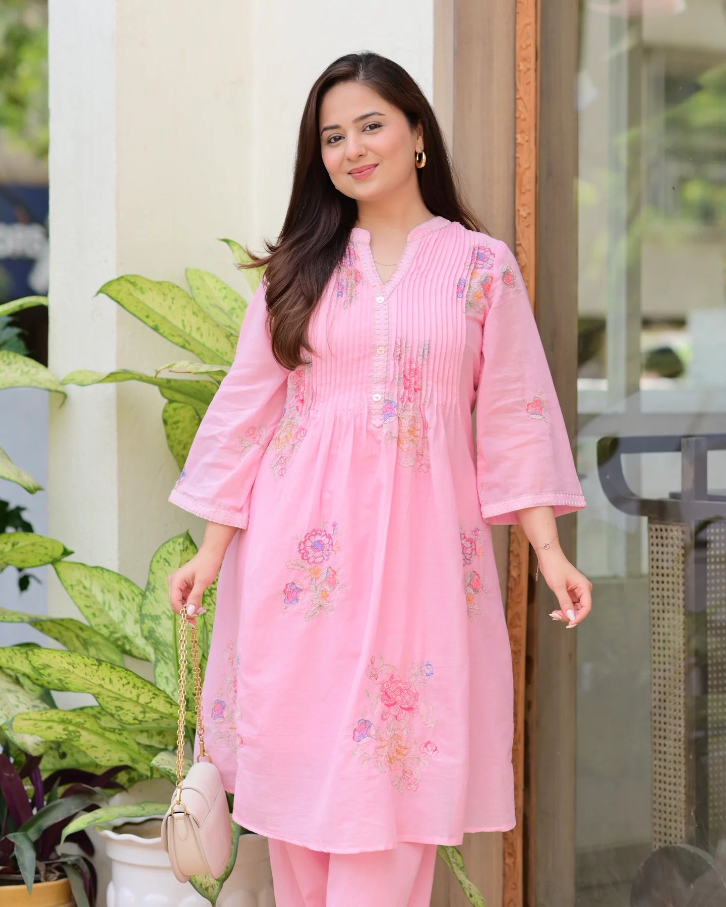 Baby Pink Cotton Threadwork A Line Kurta Set For Women