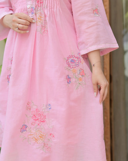 Baby Pink Cotton Threadwork A Line Kurta Set For Women
