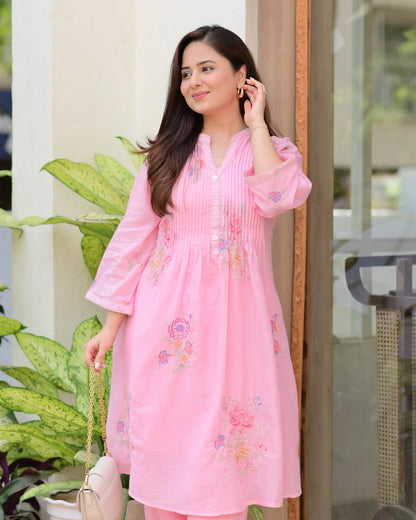 Baby Pink Cotton Threadwork A Line Kurta Set For Women