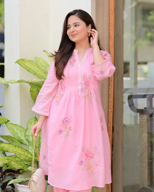 Baby Pink Cotton Threadwork A Line Kurta Set For Women