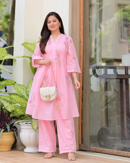 Baby Pink Cotton Threadwork A Line Kurta Set For Women