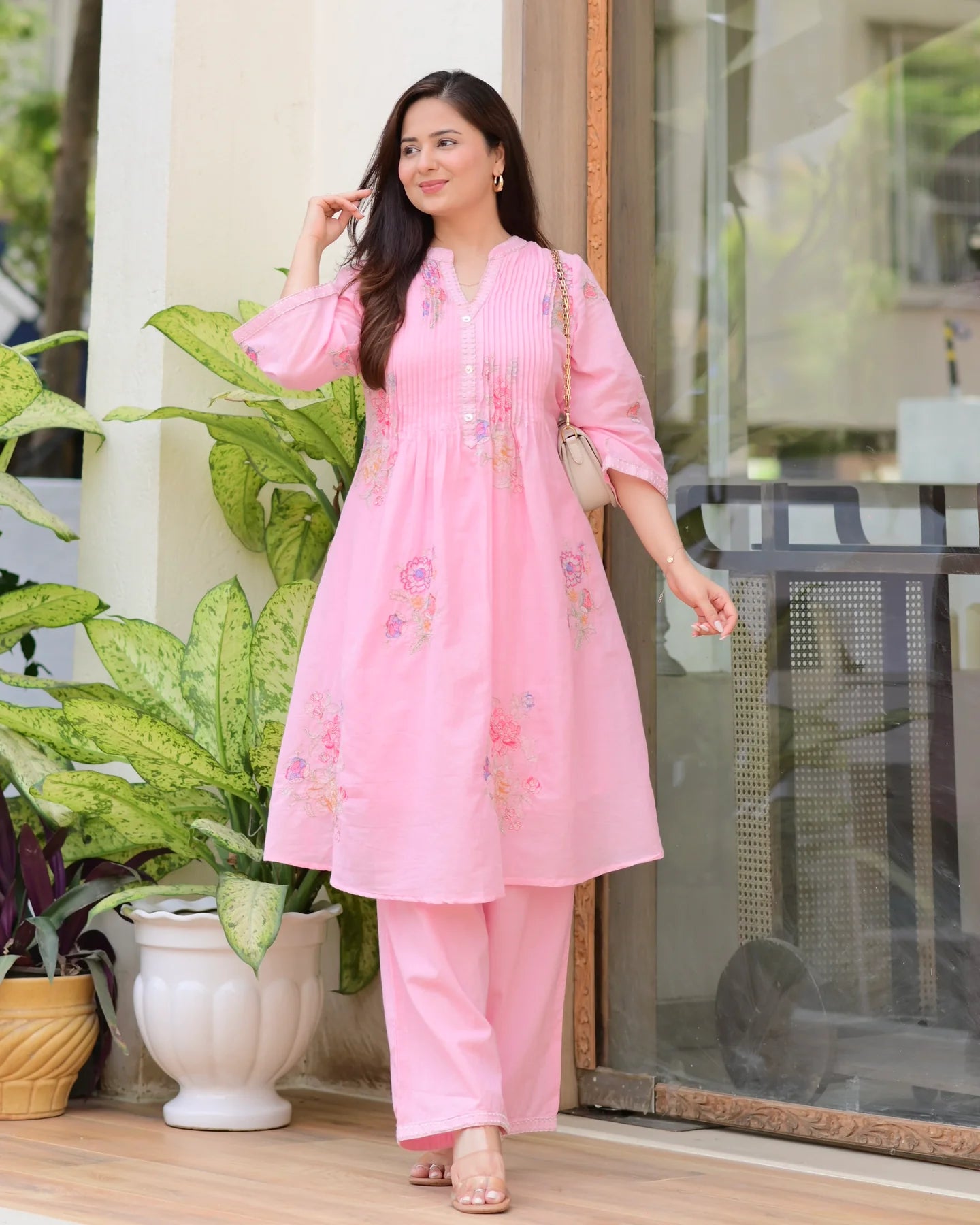 Baby Pink Cotton Threadwork A Line Kurta Set For Women