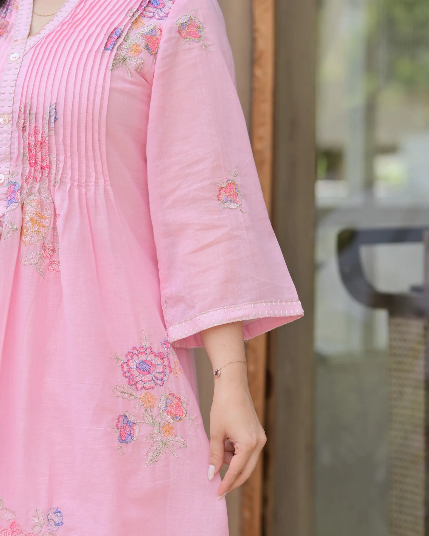 Baby Pink Cotton Threadwork A Line Kurta Set For Women
