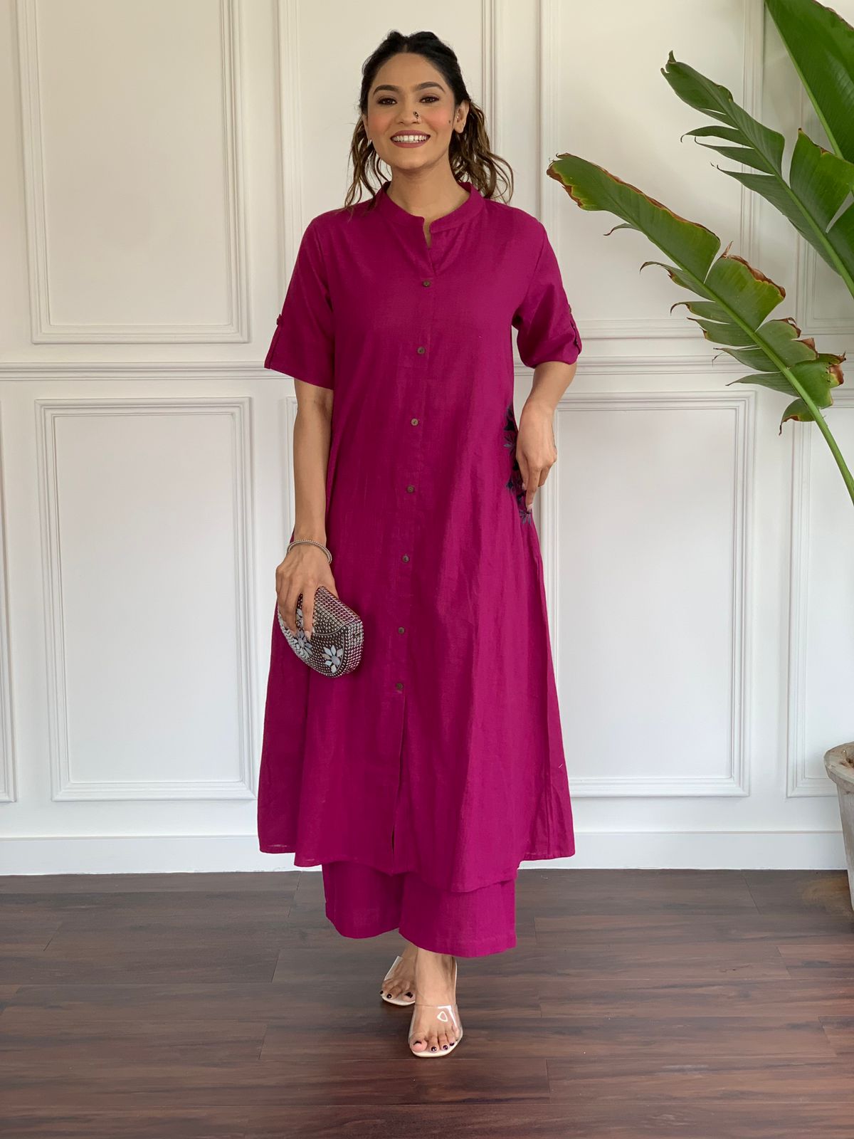 Pink Embroidery Cotton Kurta And Palazzo Set For Women