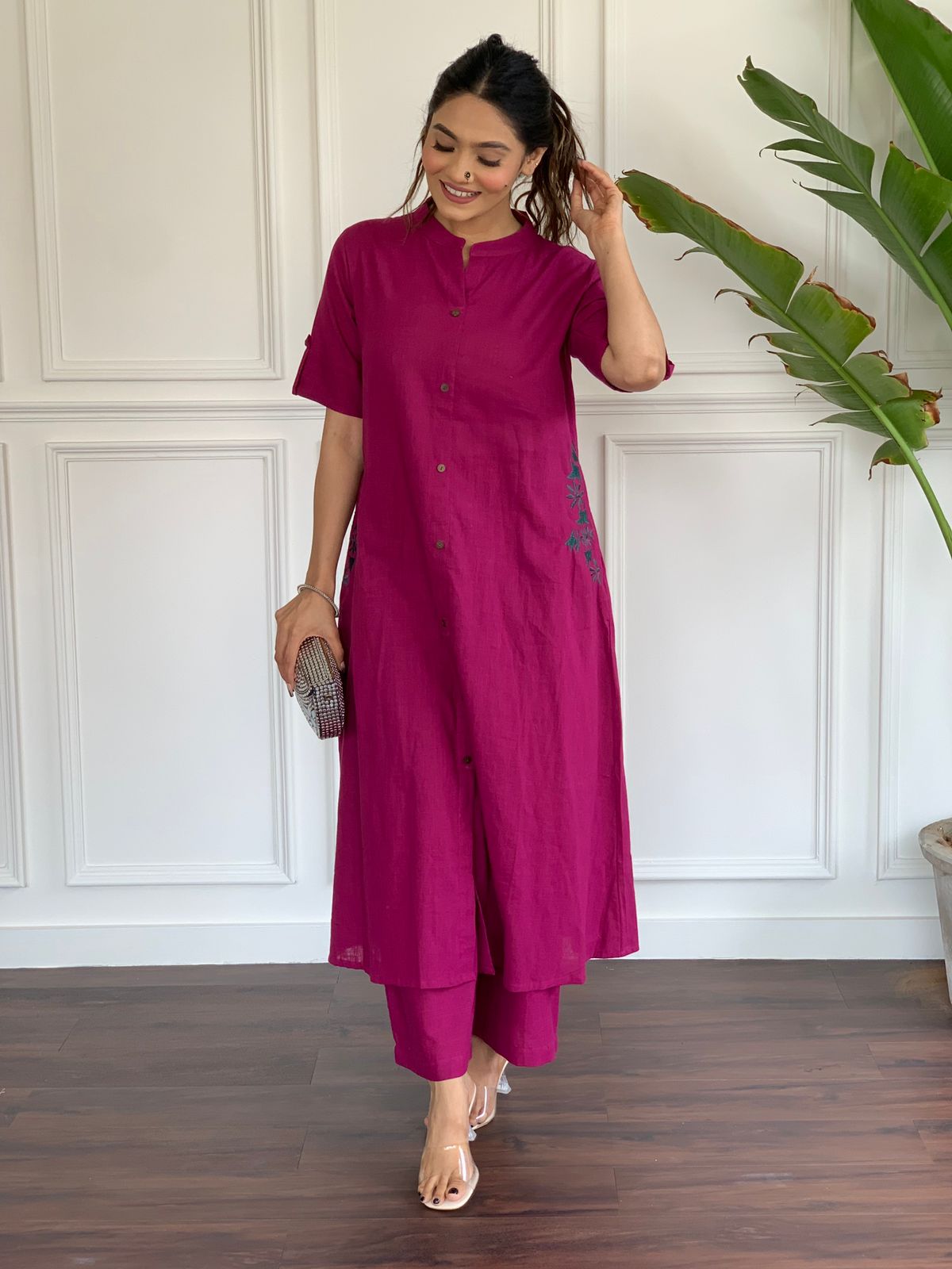 Pink Embroidery Cotton Kurta And Palazzo Set For Women