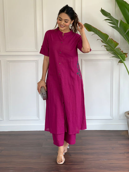 Pink Embroidery Cotton Kurta And Palazzo Set For Women