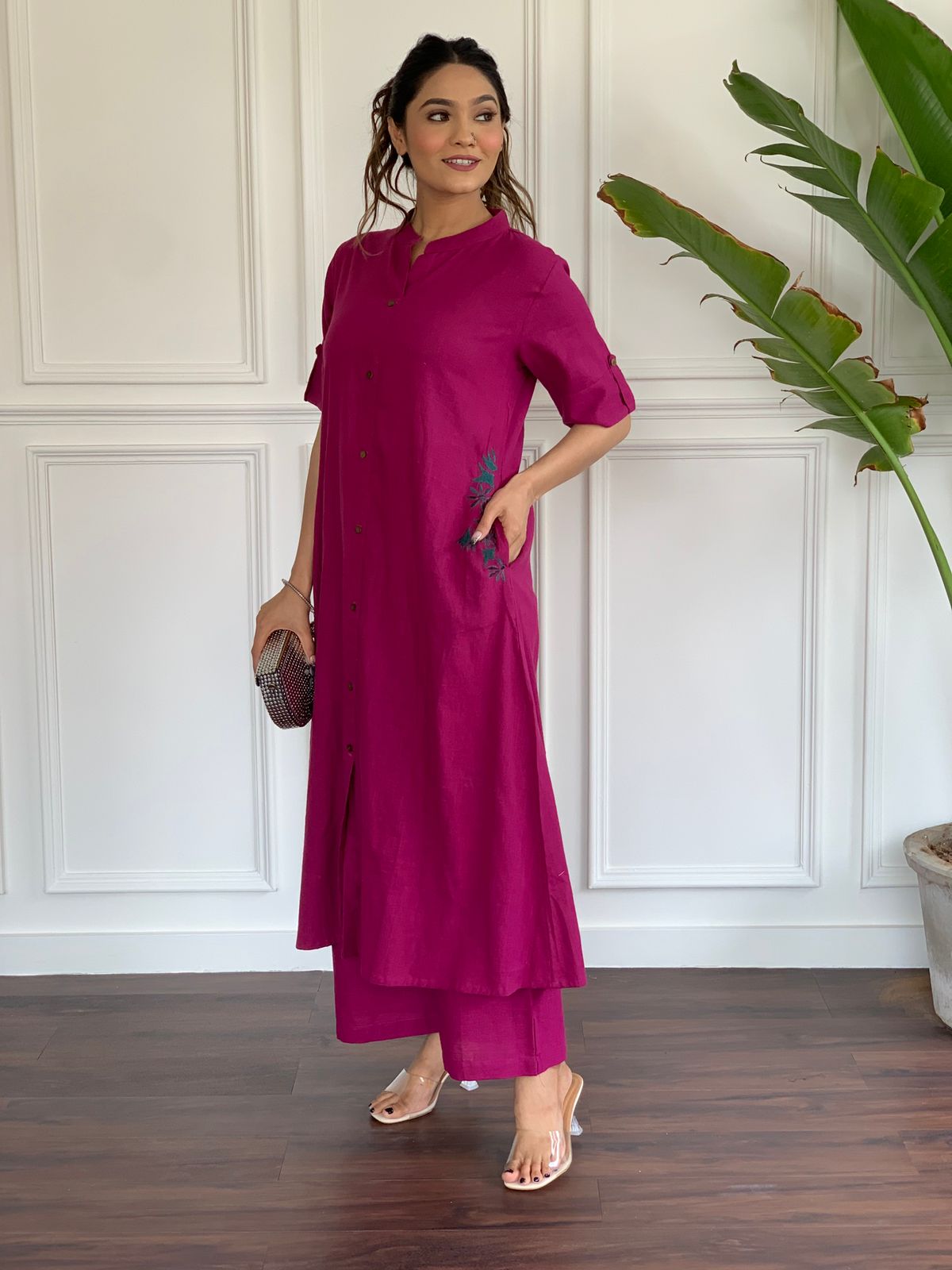 Pink Embroidery Cotton Kurta And Palazzo Set For Women