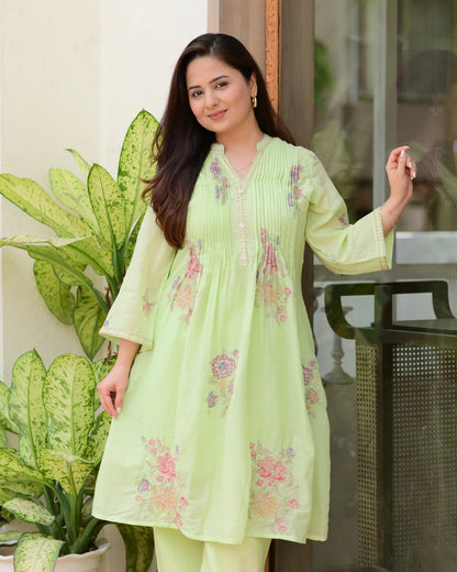 Pista Green Mul Cotton Threadwork A Line Kurta Set For Women
