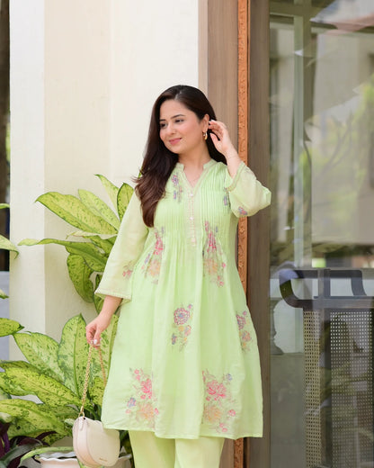 Pista Green Mul Cotton Threadwork A Line Kurta Set For Women