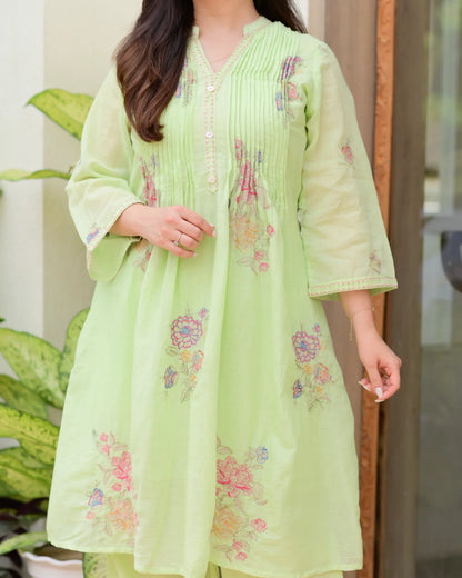 Pista Green Mul Cotton Threadwork A Line Kurta Set For Women