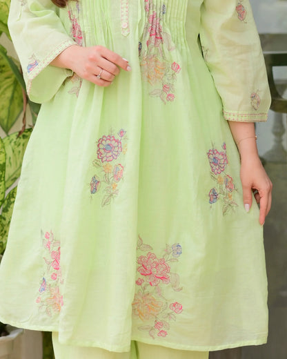 Pista Green Mul Cotton Threadwork A Line Kurta Set For Women