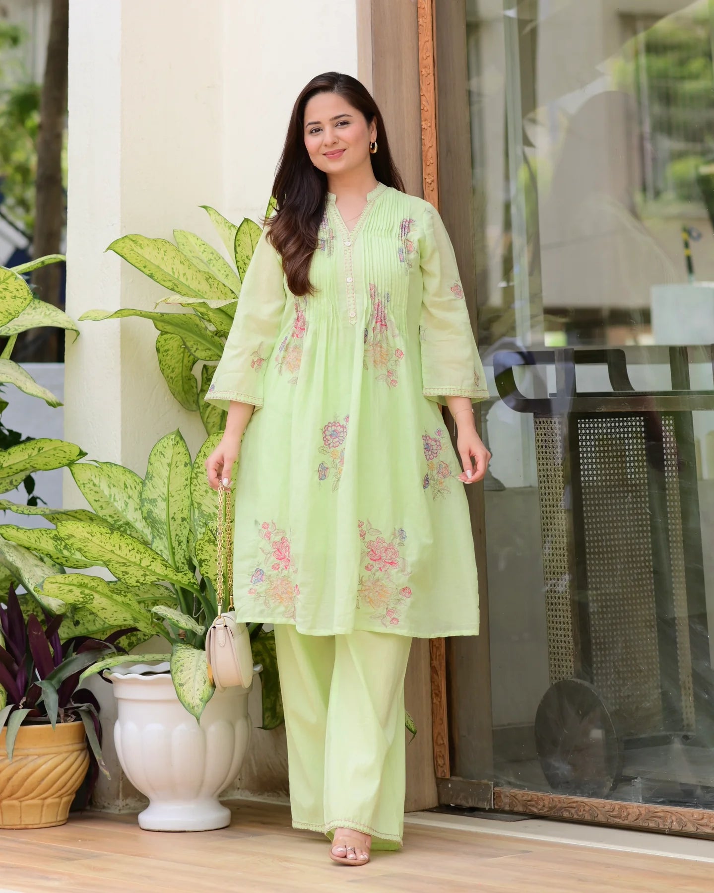 Pista Green Mul Cotton Threadwork A Line Kurta Set For Women