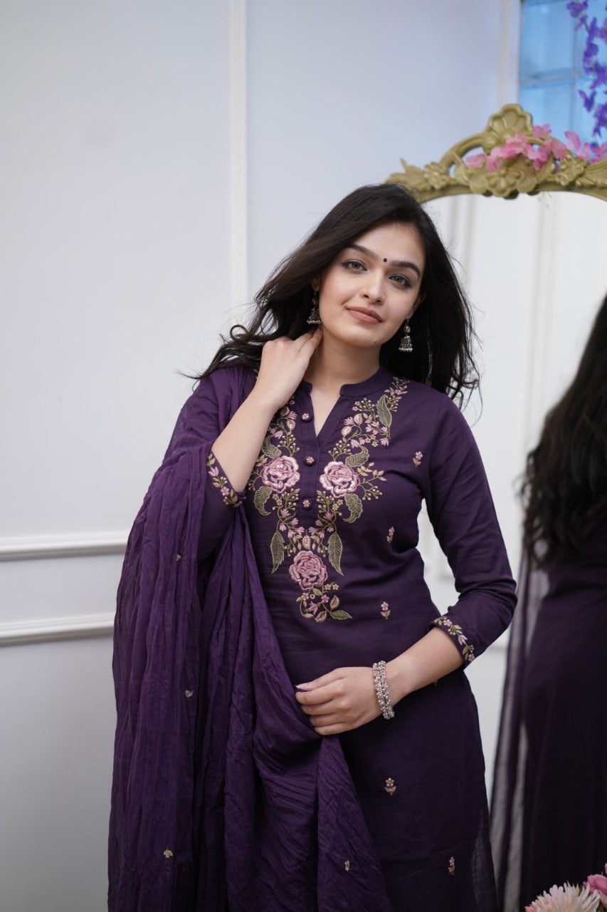 Purple Embroidery Cotton Suit Set With Dupatta For Women