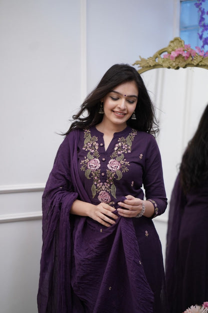 Purple Embroidery Cotton Suit Set With Dupatta For Women