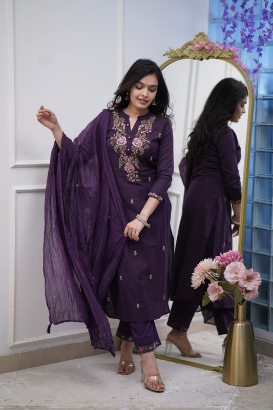 Purple Embroidery Cotton Suit Set With Dupatta For Women