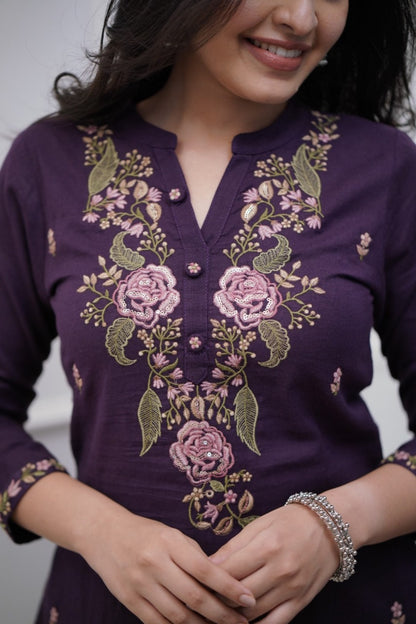 Purple Embroidery Cotton Suit Set With Dupatta For Women