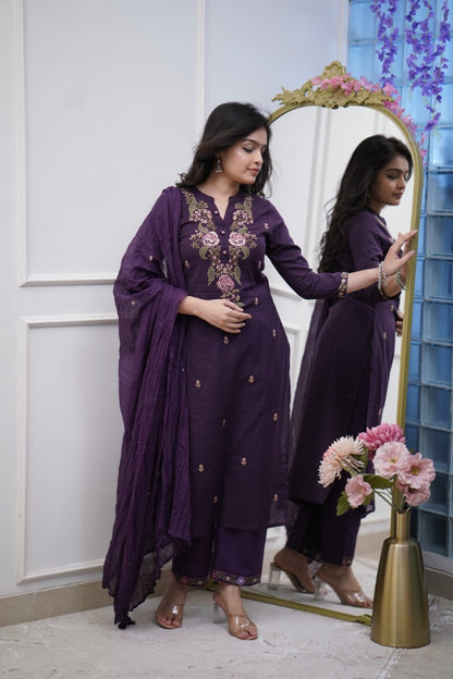 Purple Embroidery Cotton Suit Set With Dupatta For Women