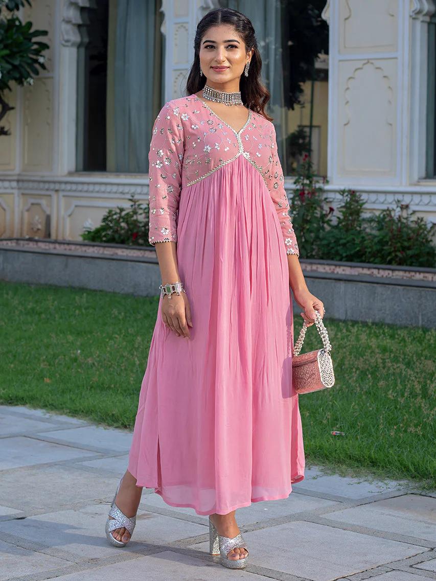 Pink Rayon Dress With Sequence Embroideryry And Samosa Lace Detailing On Yoke And Sleeves For Women