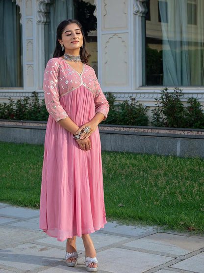 Pink Rayon Dress With Sequence Embroideryry And Samosa Lace Detailing On Yoke And Sleeves For Women