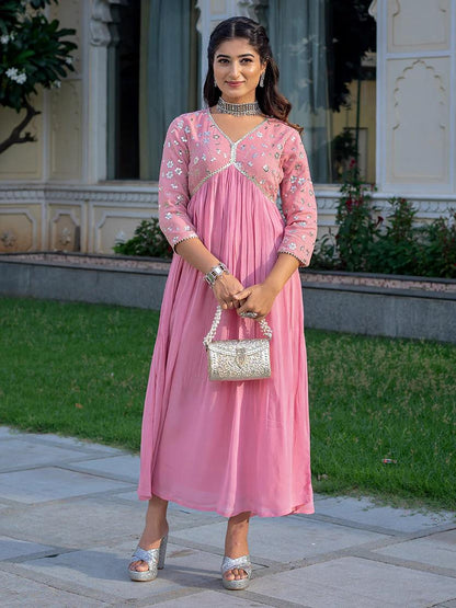 Pink Rayon Dress With Sequence Embroideryry And Samosa Lace Detailing On Yoke And Sleeves For Women