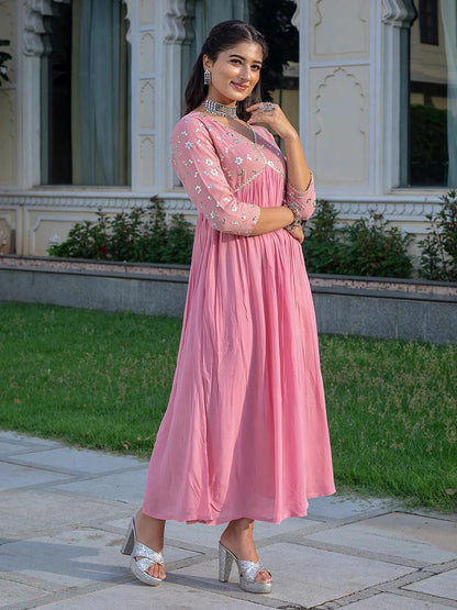 Pink Rayon Dress With Sequence Embroideryry And Samosa Lace Detailing On Yoke And Sleeves For Women