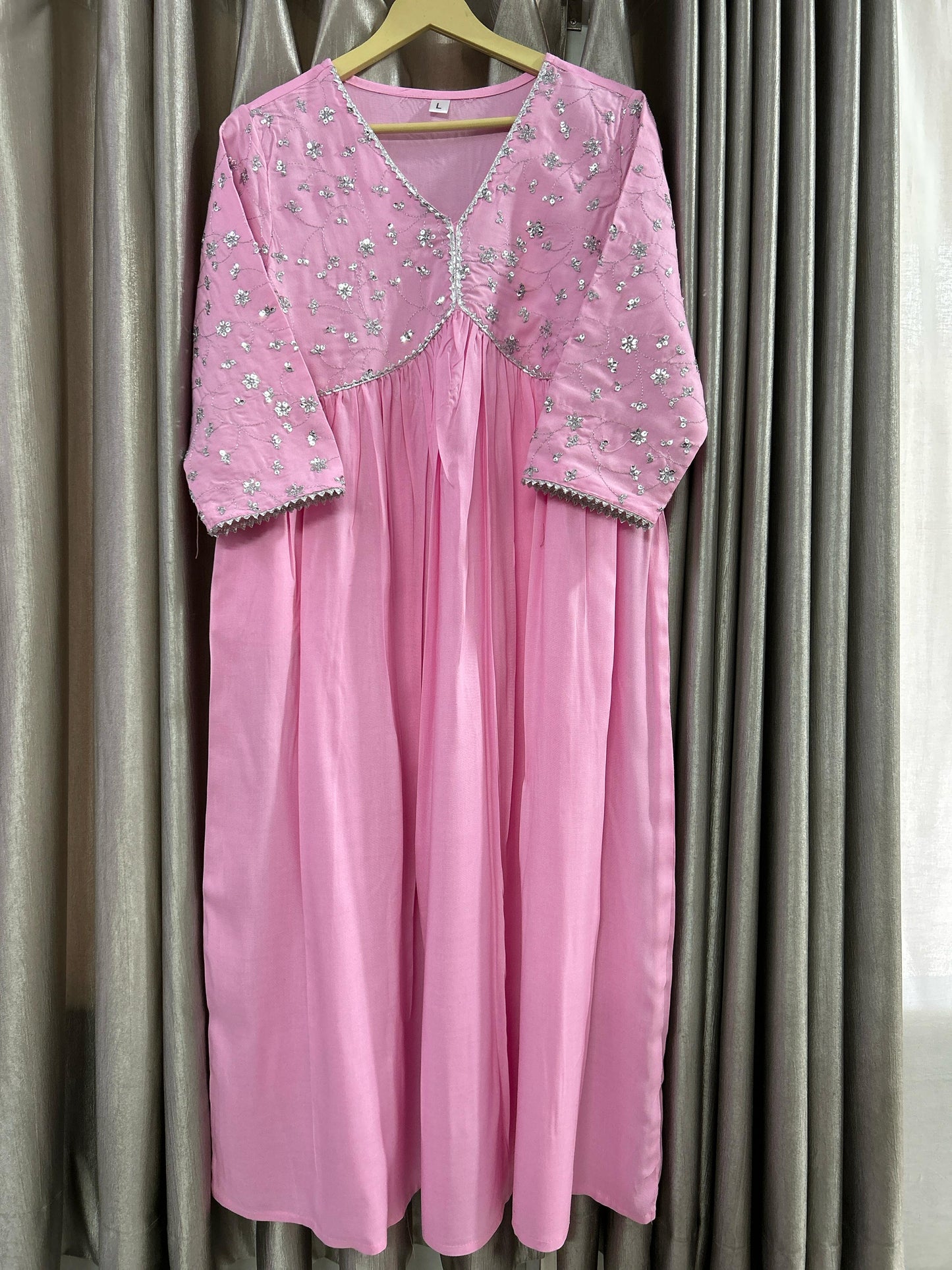 Pink Rayon Dress With Sequence Embroideryry And Samosa Lace Detailing On Yoke And Sleeves For Women