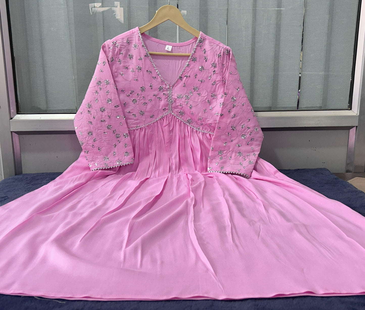 Pink Rayon Dress With Sequence Embroideryry And Samosa Lace Detailing On Yoke And Sleeves For Women
