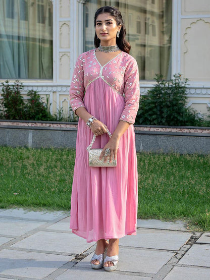 Pink Rayon Dress With Sequence Embroideryry And Samosa Lace Detailing On Yoke And Sleeves For Women