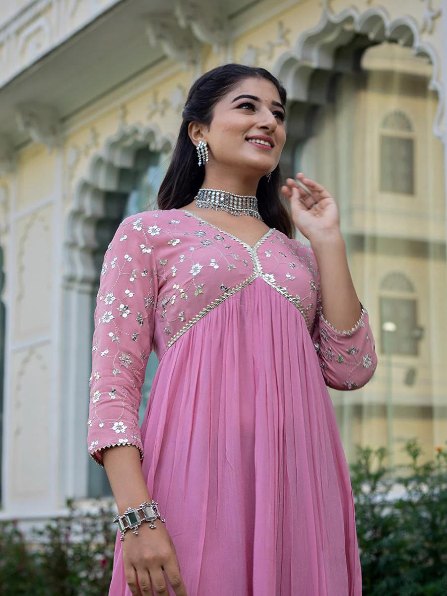 Pink Rayon Dress With Sequence Embroideryry And Samosa Lace Detailing On Yoke And Sleeves For Women