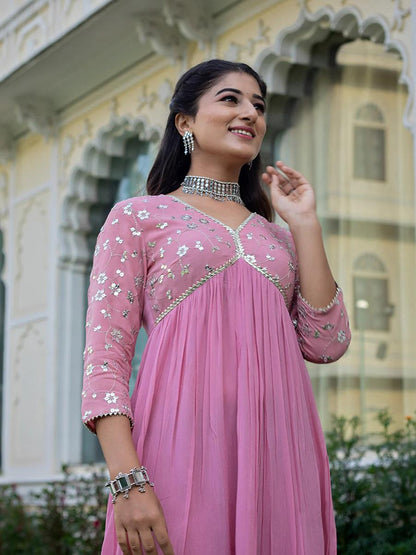 Pink Rayon Dress With Sequence Embroideryry And Samosa Lace Detailing On Yoke And Sleeves For Women