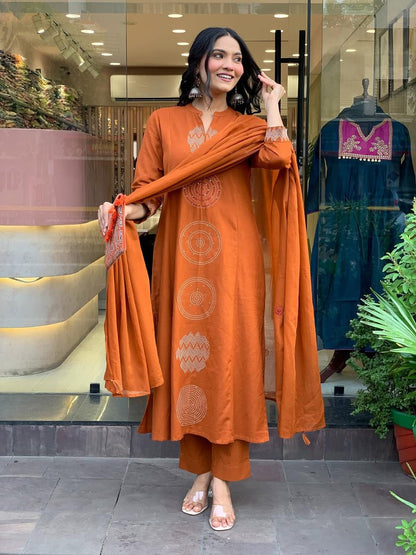 Rust Orange printed Cotton Suit Set With Dupatta For Women