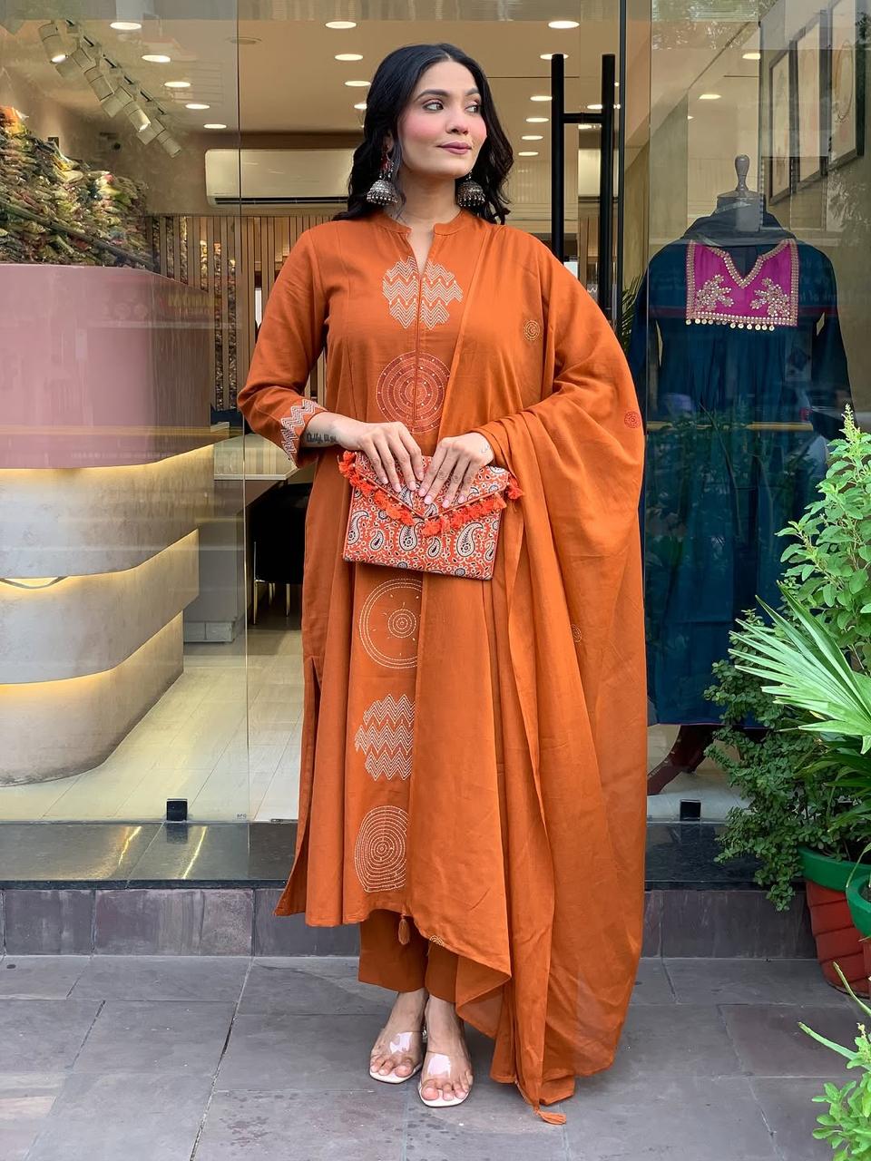 Rust Orange printed Cotton Suit Set With Dupatta For Women