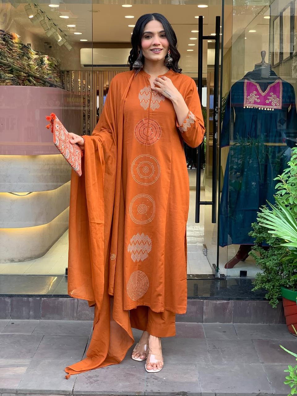 Rust Orange printed Cotton Suit Set With Dupatta For Women