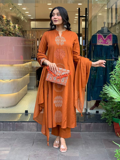 Rust Orange printed Cotton Suit Set With Dupatta For Women