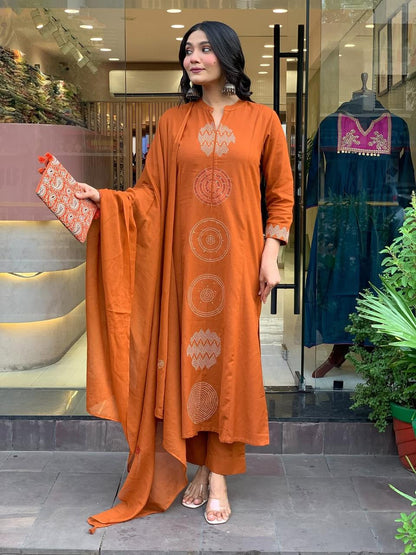 Rust Orange printed Cotton Suit Set With Dupatta For Women
