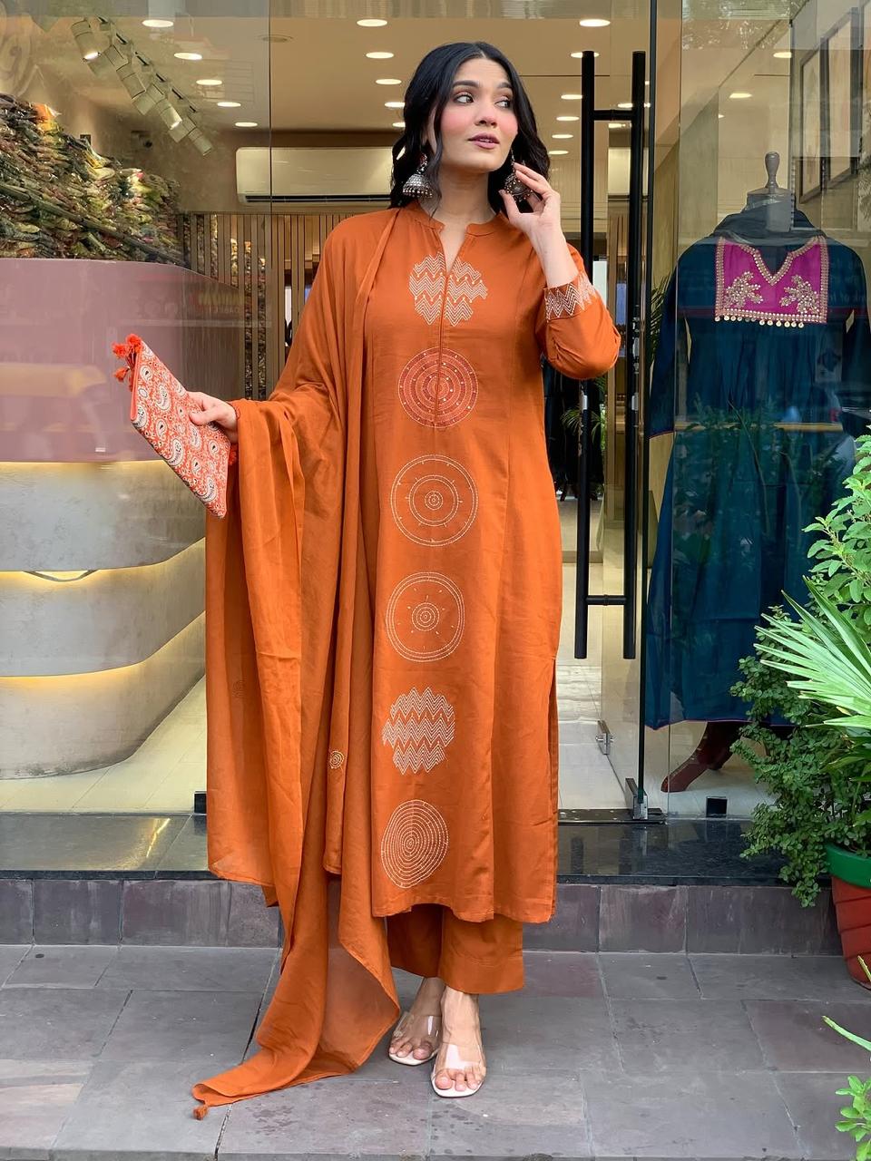 Rust Orange printed Cotton Suit Set With Dupatta For Women