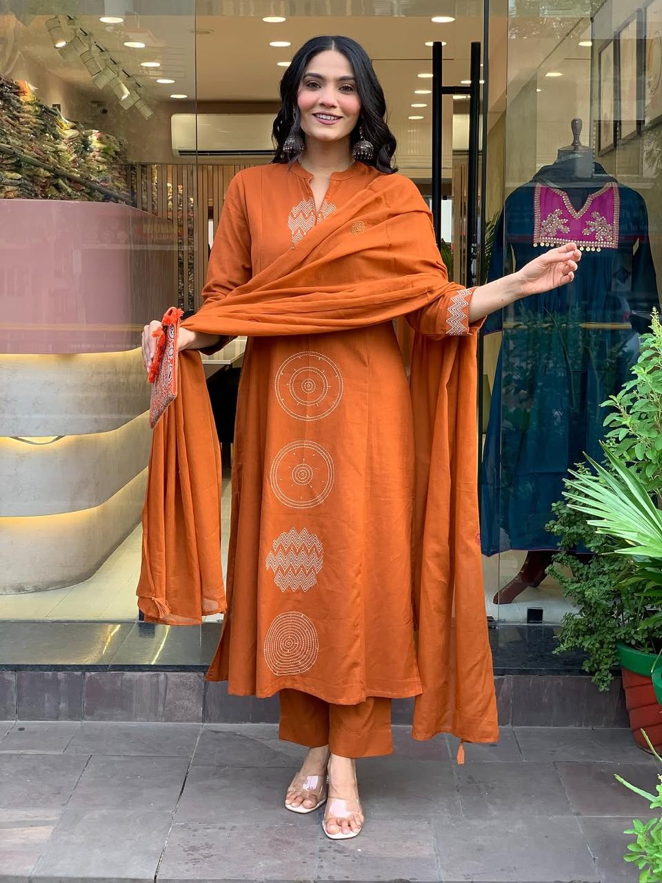 Rust Orange printed Cotton Suit Set With Dupatta For Women