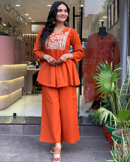 Rust Embroidery Cotton Co-Ord Set For Women