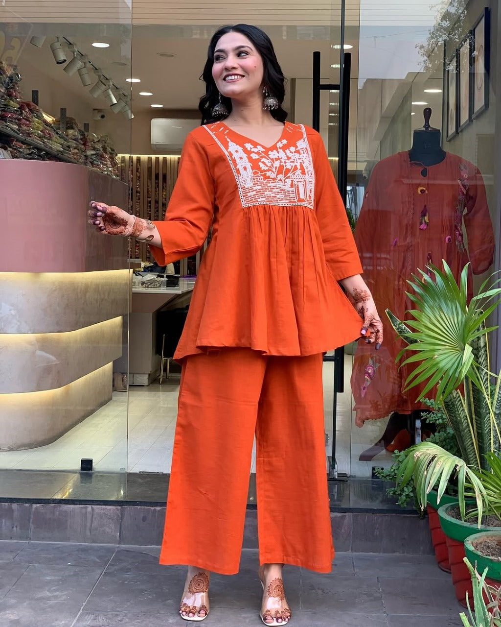 Rust Embroidery Cotton Co-Ord Set For Women