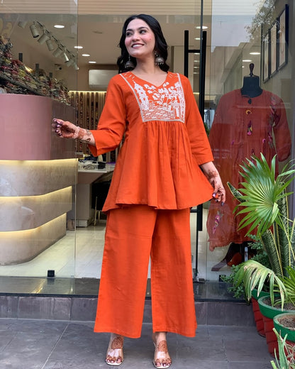 Rust Embroidery Cotton Co-Ord Set For Women