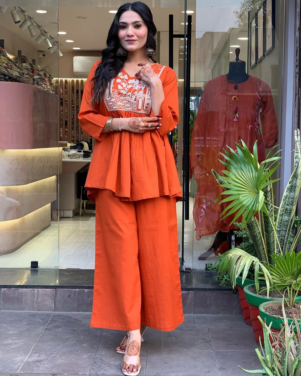 Rust Embroidery Cotton Co-Ord Set For Women